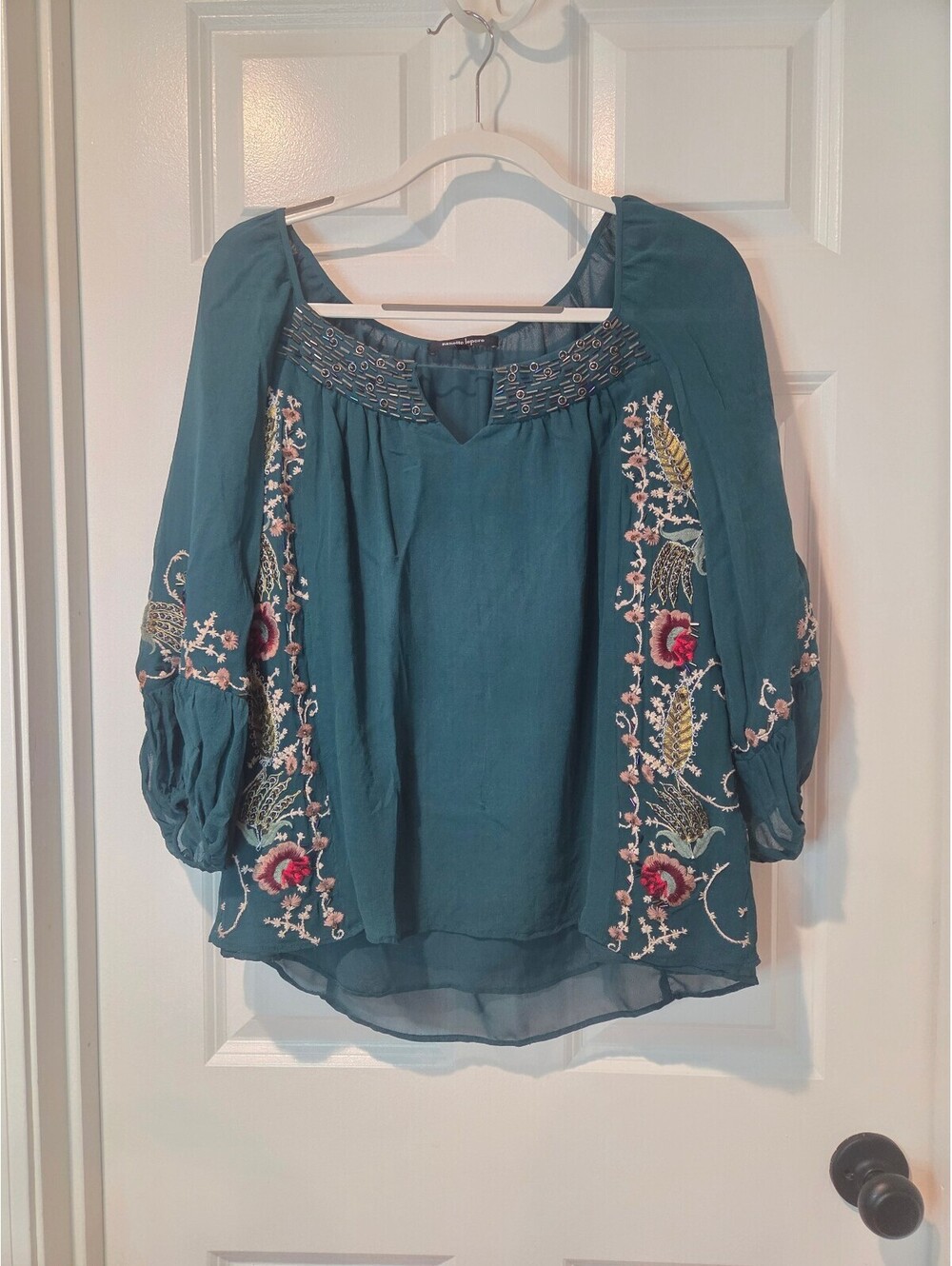 Nanette Lepore Teal Embroidered Boho Blouse with Beaded Neckline